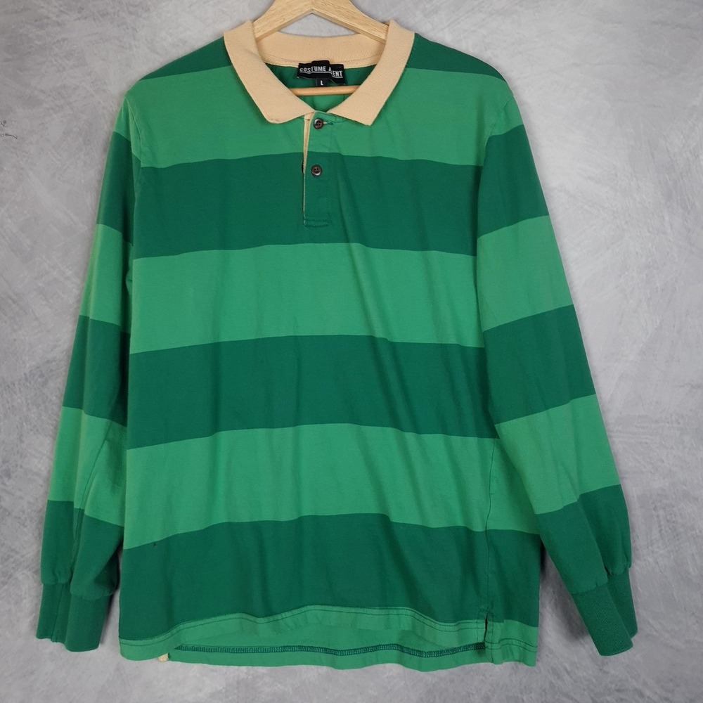 Costume Agent Rugby Polo Shirt Mens Large Green Stripe Long Sleeve Steve Costume